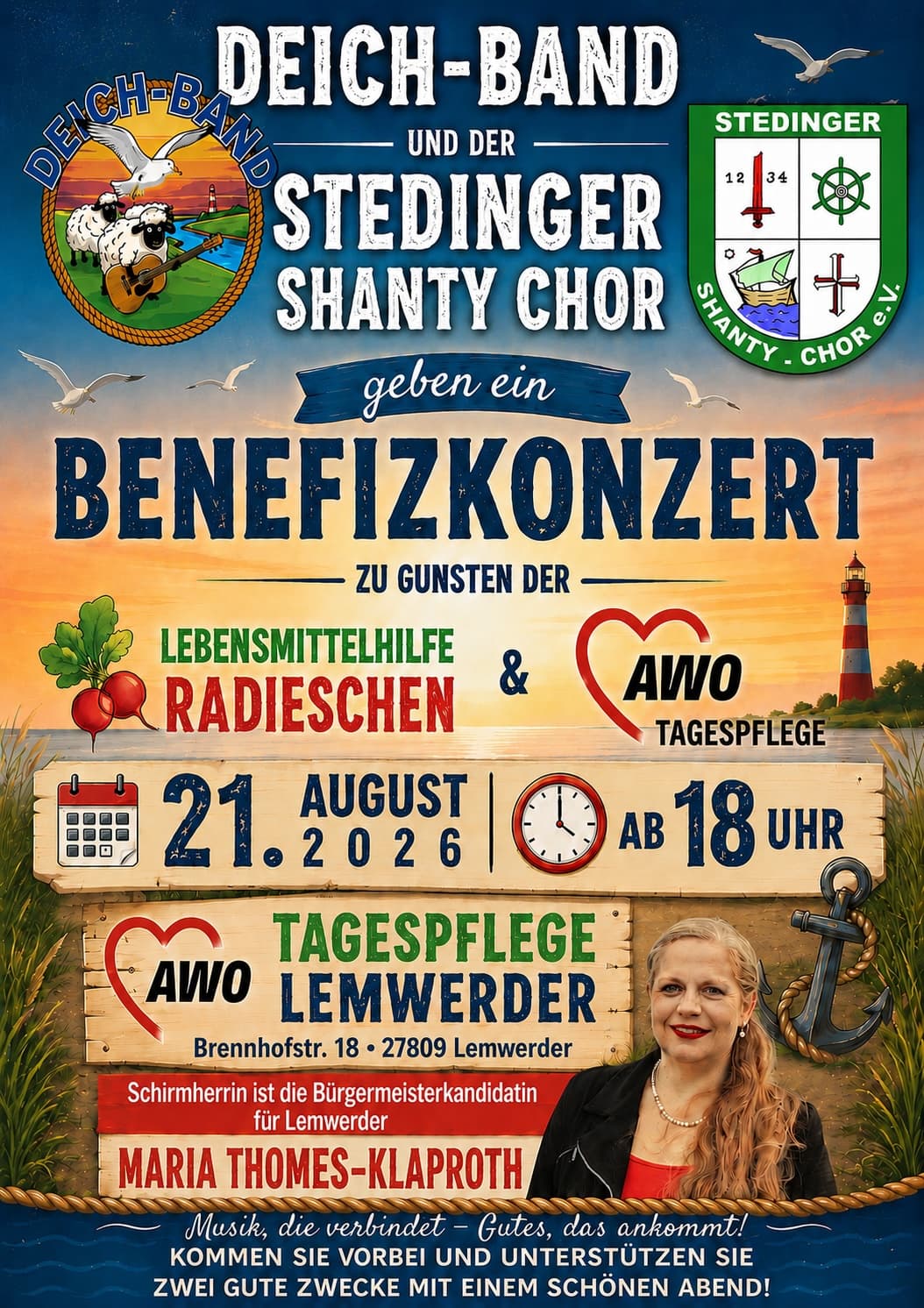 Plakat für ein Benefizkonzert der Deich-Band und des Stedinger Shanty-Chors am 21. August 2026 um 18 Uhr in Lemwerder zugunsten der AWO-Tagespflege und der Lebensmittelhilfe „Radieschen“ mit Musik und einem Gastredner.
