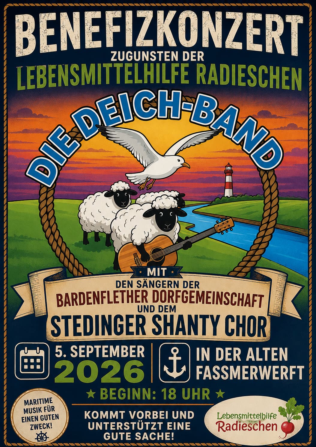 Plakat für ein Benefizkonzert mit Comic-Schafen, einer Möwe, einer Gitarre und einem Leuchtturm. Veranstaltungsdetails: Die Deich-Band, 5. September 2026, 18:00 Uhr, Alte Fassmer Werft, zugunsten der Lebensmittelhilfe Radieschen.