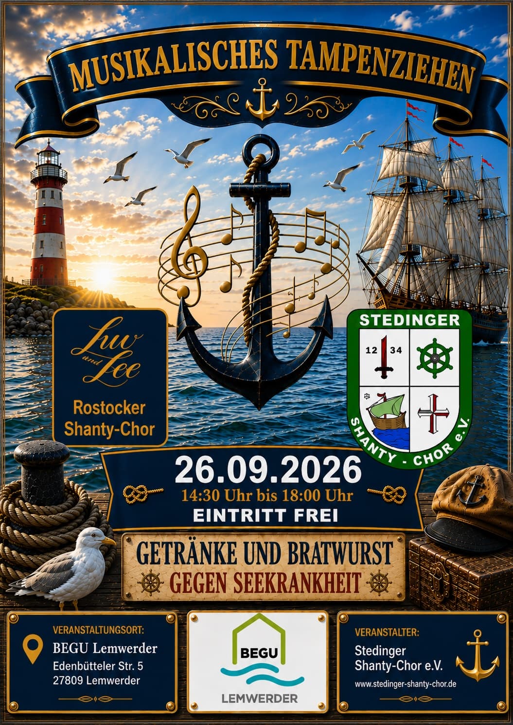 Plakat für eine maritime Musikveranstaltung mit einem Anker, einem Schiff, Noten und Veranstaltungsdetails: „Musikalisches Tampenziehen“ am 26. September 2026 in Lemwerder. Der Eintritt ist frei, Getränke und Bratwurst werden angeboten.